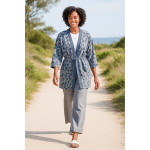 The Muses Lounge Womens Sweaterknit 3/4 Sleeve Tie Belt Cardigan Blue Gray L